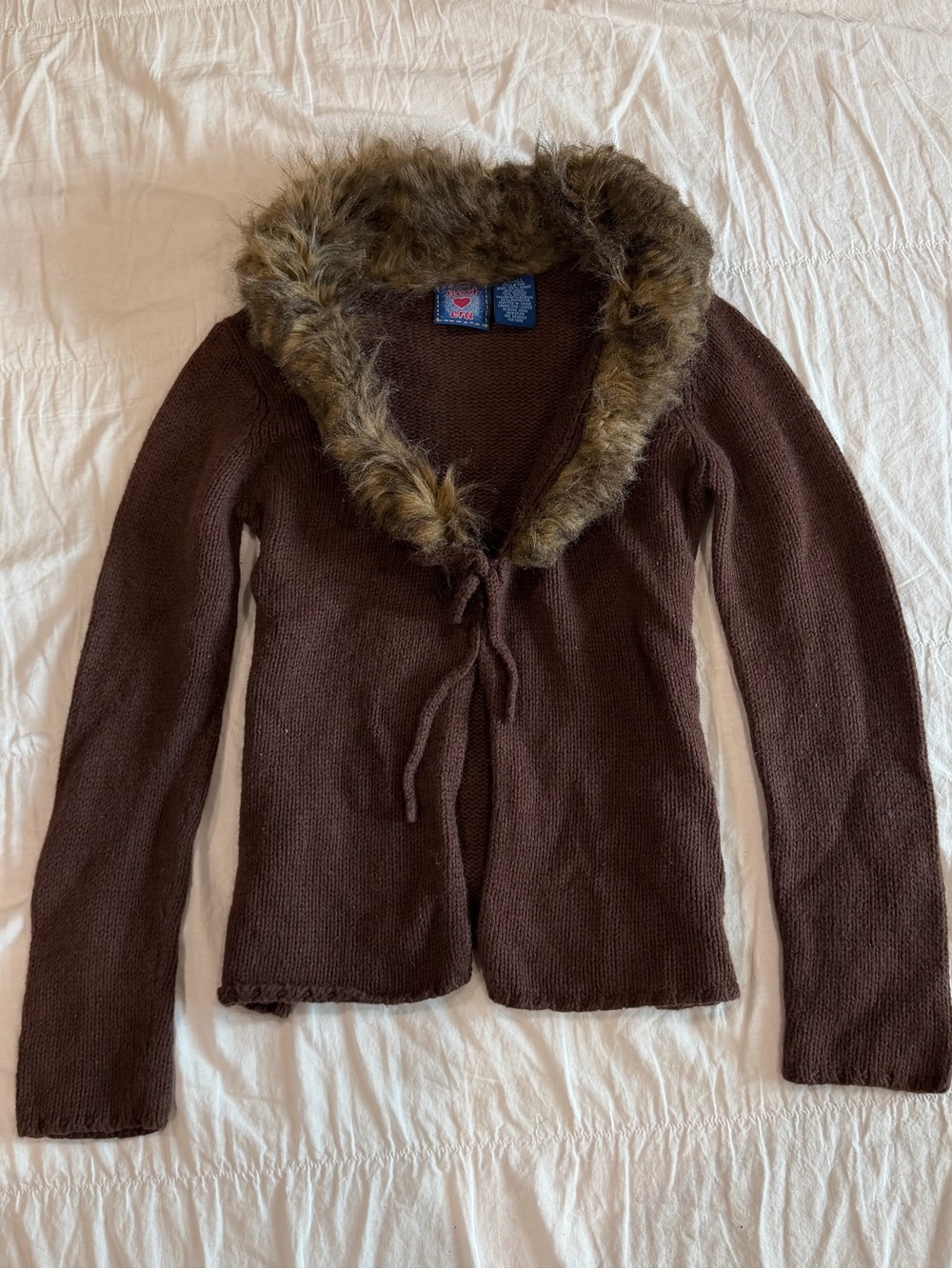 Next Era Vintage Faux Fur Lined Front Tie Y2K Cardigan Sweater